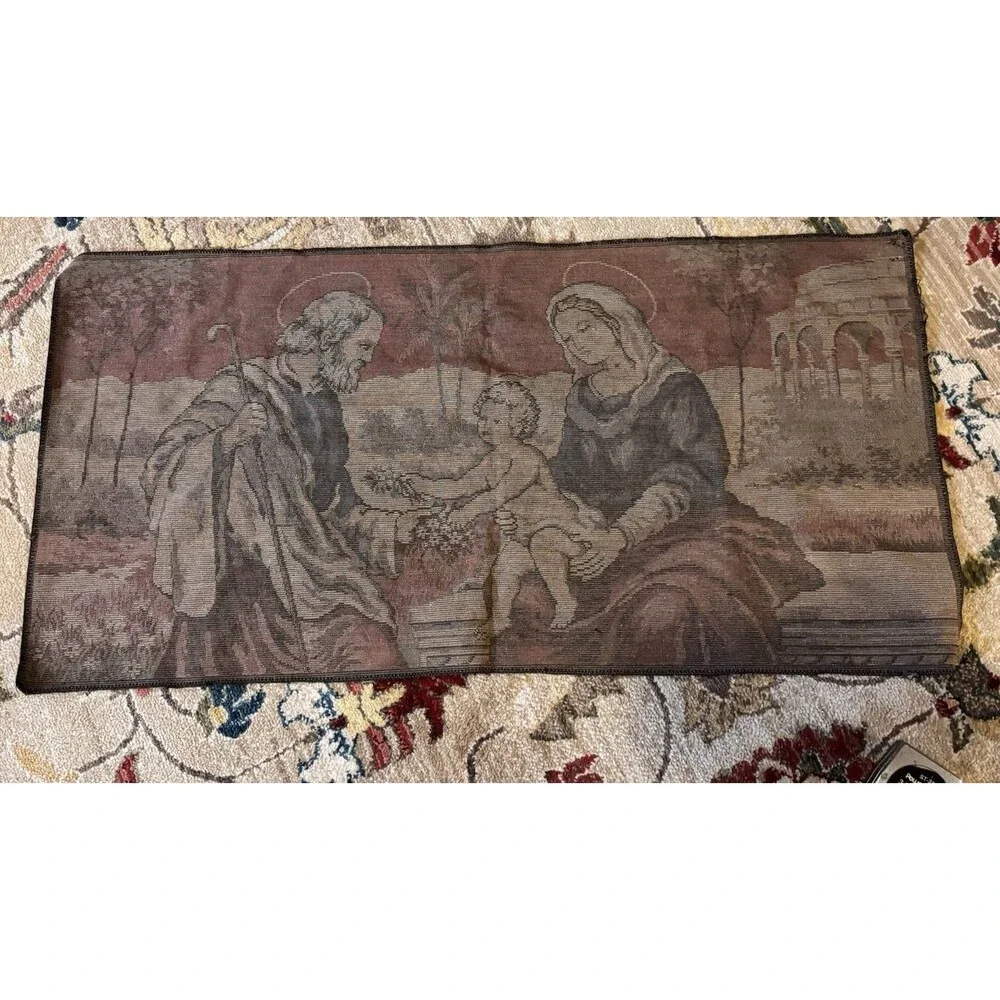 VTG VELVET TAPESTRY HOLY FAMILY WALL HANGING - MARY, JOSEPH, & BABY JESUS ITALY